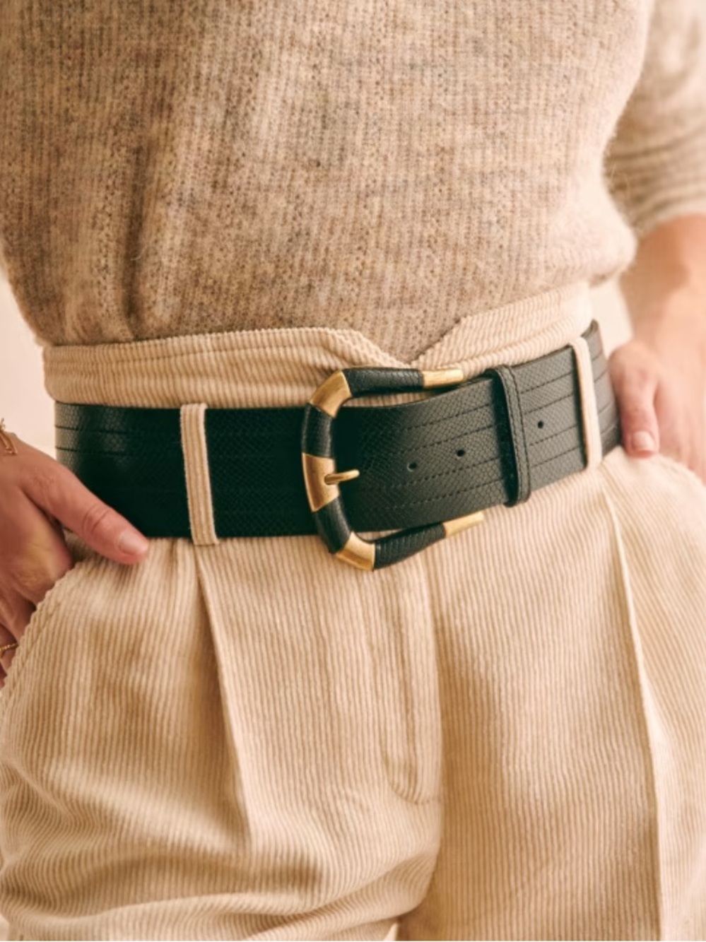 Sezane Sophie Belt T. 80 Black Snakeskin Cow Leather Snake Print Gold Hardware